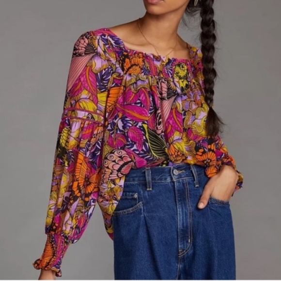 ANTHROPOLOGIE Alexandra Farmer Puff Sleeved Blouse Smocked Pullover‎ Top XS - Picture 2 of 13